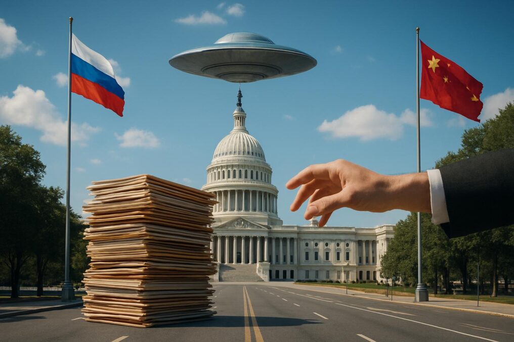 Летающая тарелка над Капитолием и флаги России и Китая