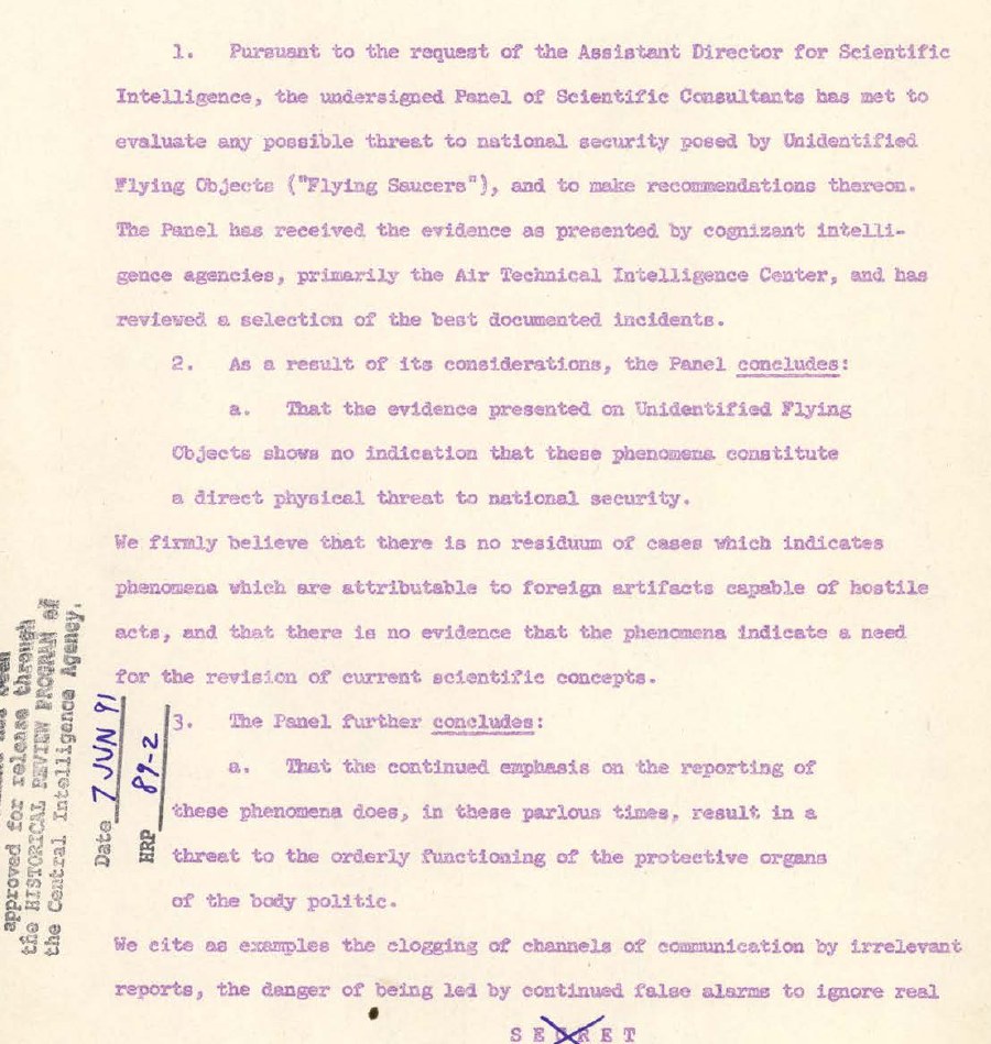Первая страница отчёта комиссии Робертсона от 17 января 1953 года: вывод об отсутствии угрозы от НЛО