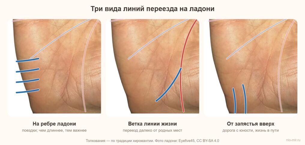 Линии переезда на ладони: на ребре ладони, ветка линии жизни, линии от запястья