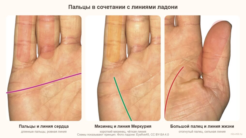 Пальцы в сочетании с линией сердца, линией Меркурия и линией жизни на ладони