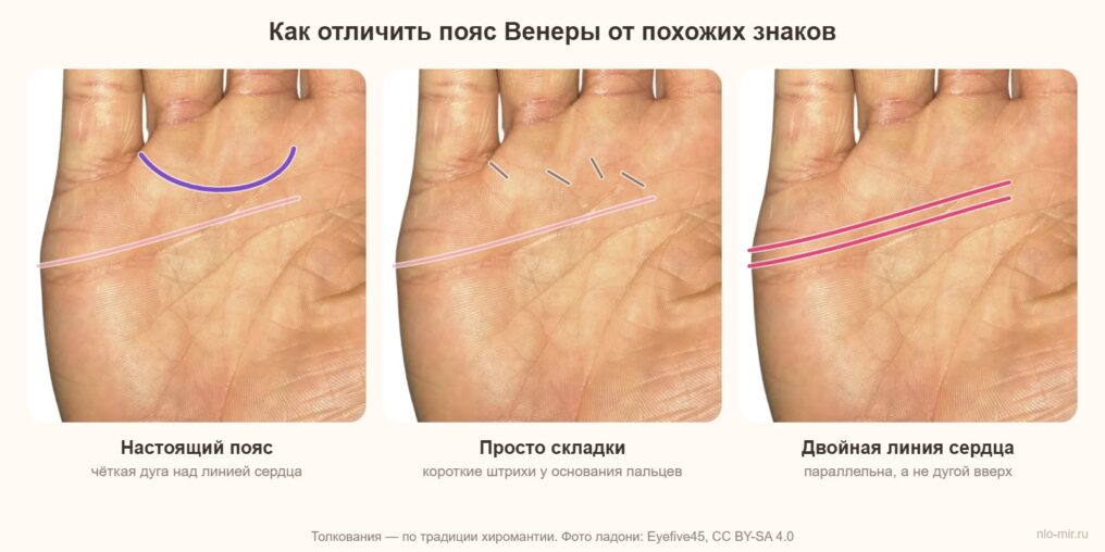 Как отличить пояс Венеры от складок у основания пальцев и двойной линии сердца