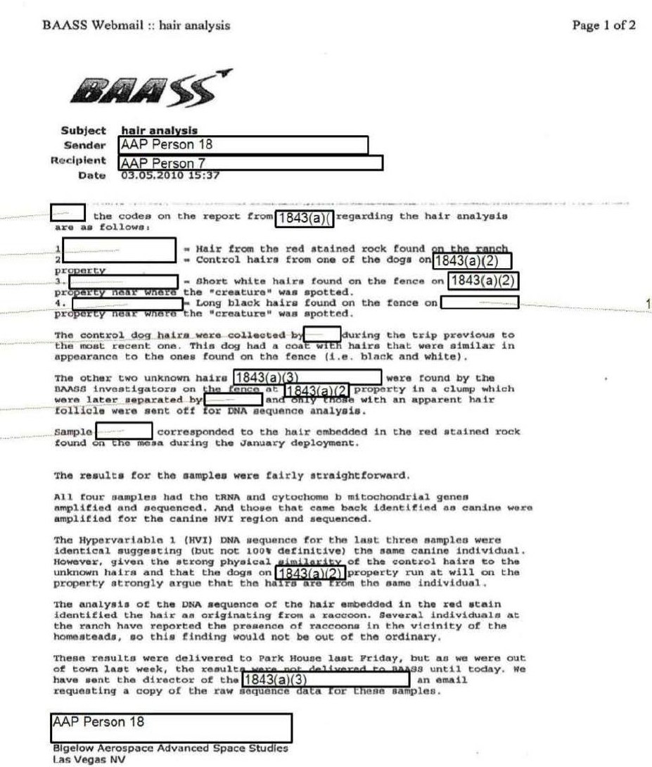 Письмо сотрудницы BAASS от 3 мая 2010 года с расшифровкой результатов анализа волос