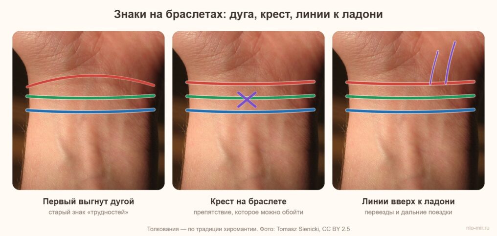 Знаки на браслетах запястья: дуга, крест, линии к ладони